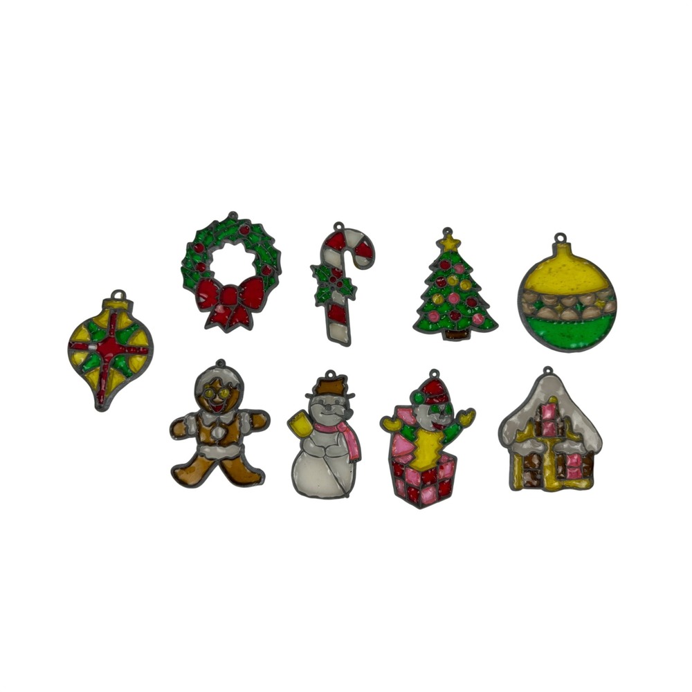 Vintage Stained Glass Style Christmas Suncatcher Ornaments Set of 9 Holiday